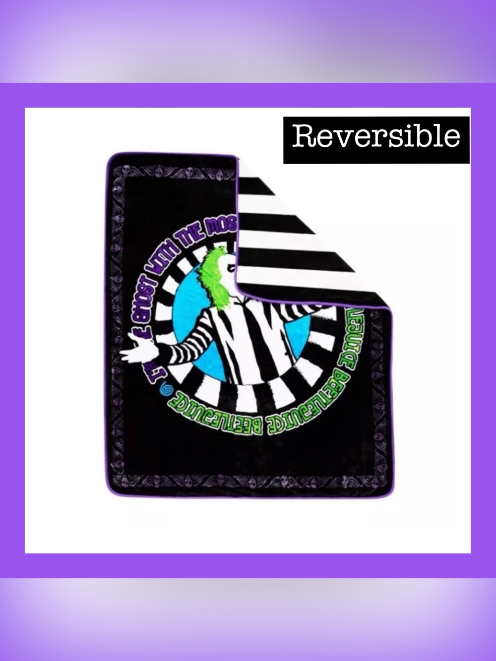 Beetlejuice Reversible Plush Throw NWT 50x60